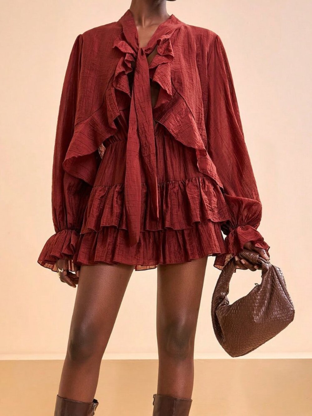Rust Brown Boho Women's Mini Dress with Sleeves and Ruffle Details - Picture 3 of 6
